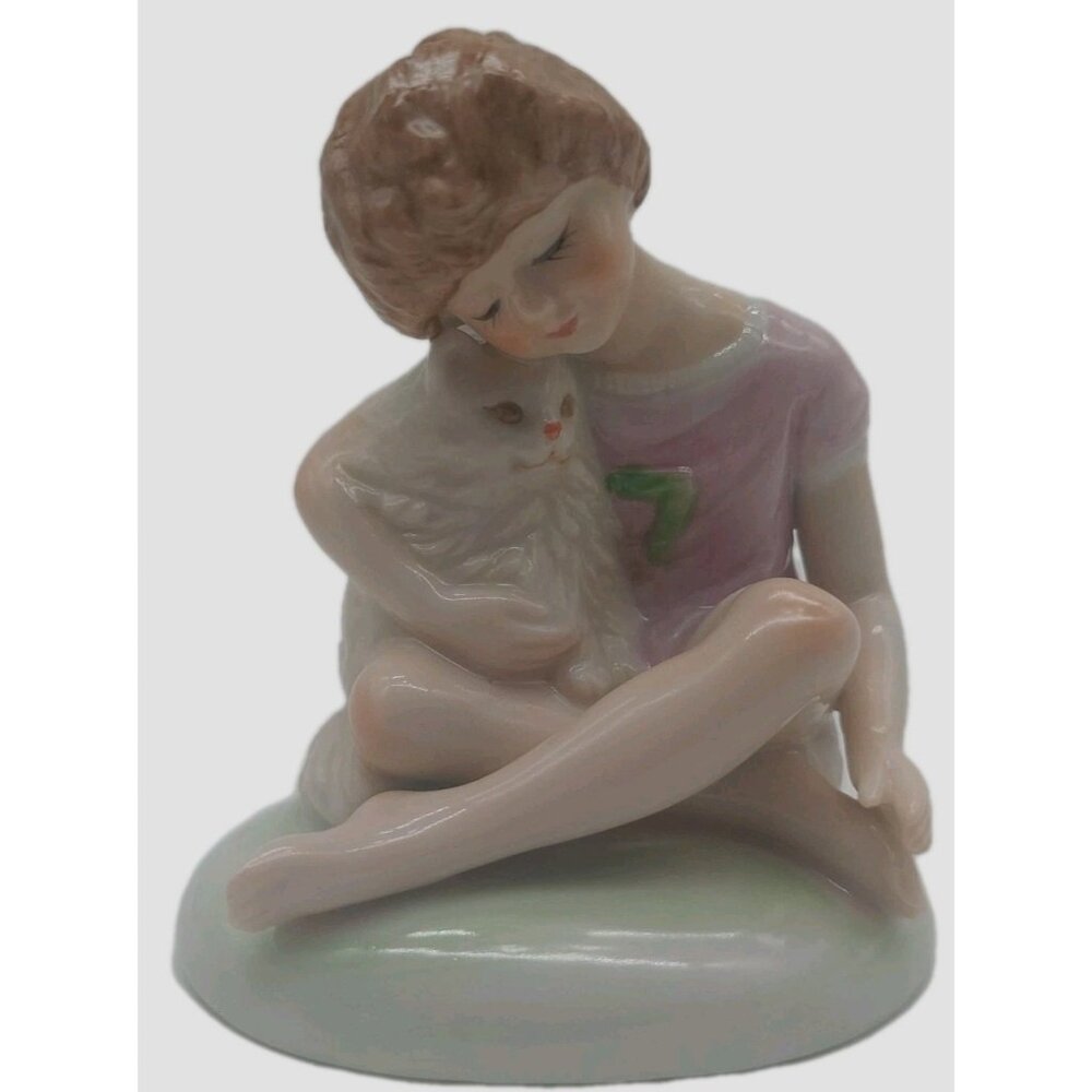 Porcelain Birthday Year 7 Figurine Girl Persian Cat Heartline Cake Topper 3"